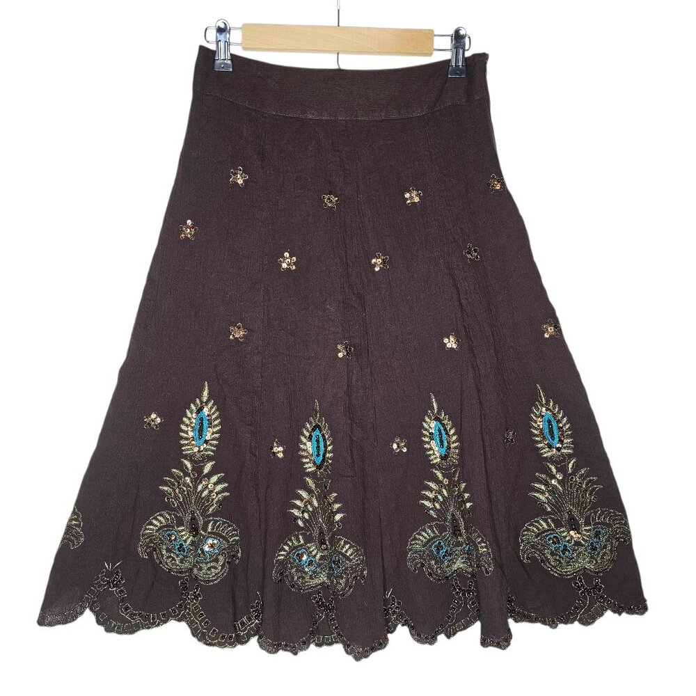 Silkland Y2K Boho Beaded Embroidered A-Line Skirt Brown Turquoise Festival Sz 6